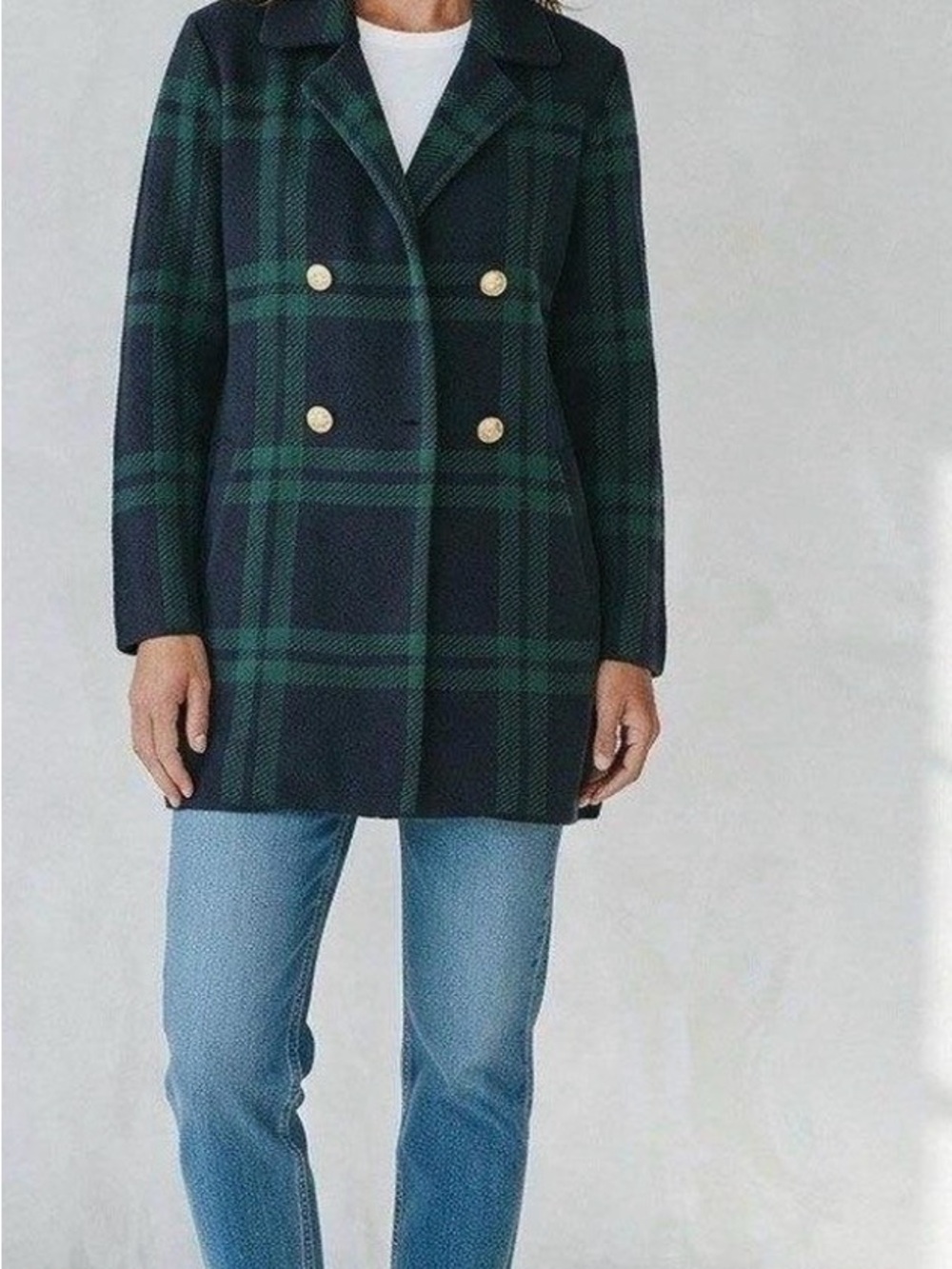 Ann Klein Double-Breasted Green & Navy Plaid Sweater Peacoat Cardigan Medium